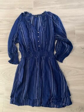 Rails Blue Long Sleeve Striped Ruffle Dress